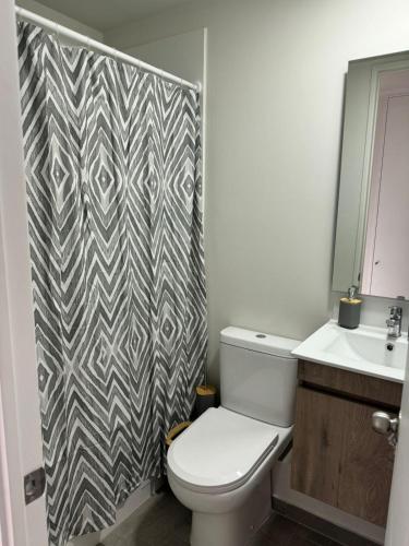 a bathroom with a toilet and a shower curtain at VIVE ALTO REÑACA in Viña del Mar