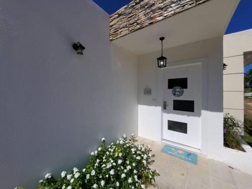 キャバレテにあるVilla Cancu, 2 bd, 2.5 bath, wi-fi, pool, Parkingの白い花の植物と扉のある白い建物