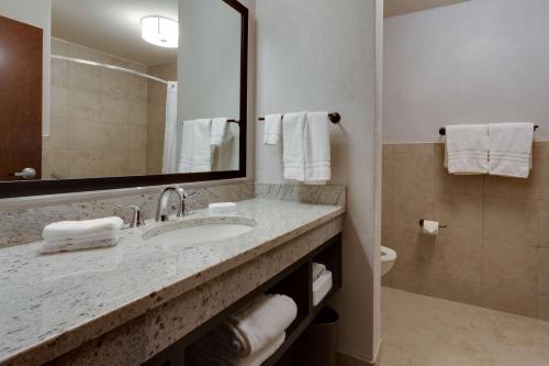 a bathroom with a sink and a mirror at Drury Plaza Hotel Cape Girardeau Conference Center in Cape Girardeau