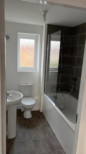 a bathroom with a toilet and a shower and a sink at Room near Teesside University in Middlesbrough