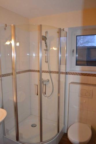 La salle de bains est pourvue d'une douche et de toilettes. dans l'établissement _DKK1e_ Ferienwohnung Seepferdchen, à Niendorf