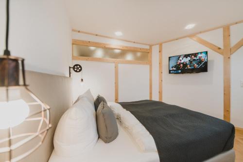 een slaapkamer met een bed en een tv aan de muur bij HarzLodge Emma in Braunlage