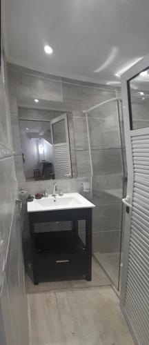 La salle de bains est pourvue d'un lavabo et d'une douche. dans l'établissement Loft Ab & Jopie (para 2 personas mayores), à Posadas