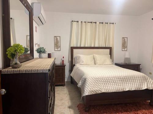 1 dormitorio con cama y espejo grande en La Casandra Beach House en Isabela