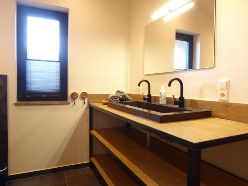 a bathroom with a sink and a mirror at Chalet Pearl Winterberg Modern Wifi 6 Personen near by Bikepark in Winterberg