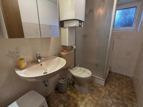 a bathroom with a sink and a toilet at Haus Ekke Nekkepenn I - Whg 2 in Wyk auf Föhr