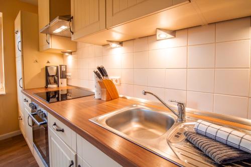 a kitchen with a sink and a counter at Int Hörn 2 EG in Krummhörn