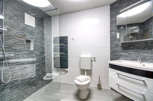 łazienka z toaletą, umywalką i prysznicem w obiekcie Haus Kitzsteinhorn 7 - by Alpen Apartments w Kaprunie
