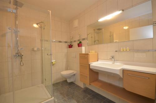 a bathroom with a sink and a shower and a toilet at APT Mountain View by - Alpen Apartments in Zell am See