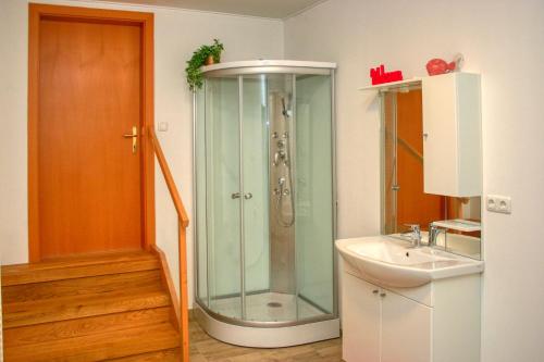 a bathroom with a glass shower and a sink at Apartment Birke 3 - by Alpen Apartments in Bad Gastein