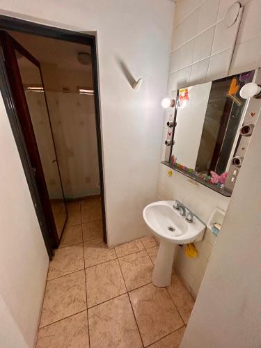 een badkamer met een wastafel en een spiegel bij Departamento en microcentro de la ciudad in Mendoza