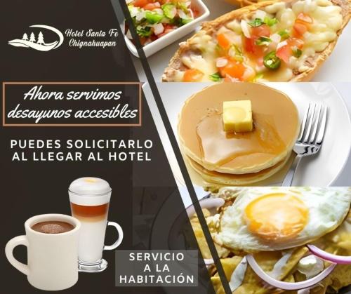 un collage de fotos de alimentos para el desayuno y una taza de café en Hotel Santa Fe, en Chignahuapan