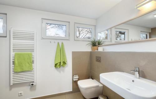 a bathroom with a sink and a toilet and windows at 2 Bedroom Nice Home In Wustrow in Wustrow
