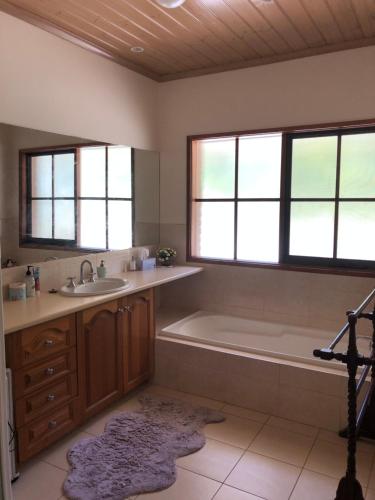 a bathroom with a tub and a sink and windows at Sherwood Park bed and breakfast in Somerville