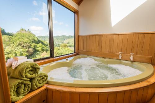 a jacuzzi tub in a room with a window at Ridge Retreat in Rotorua