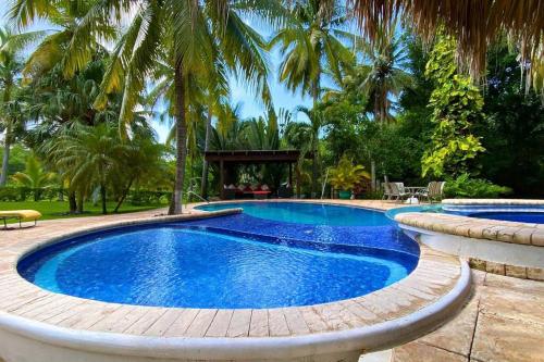 2 piscinas con palmeras en el fondo en Casa Don Willo, en Escuintla