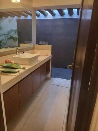 a bathroom with a sink and a mirror at Casa Don Willo in Escuintla