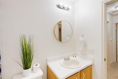 een badkamer met een wastafel en een spiegel bij Sycamore Sanctuary in Austin