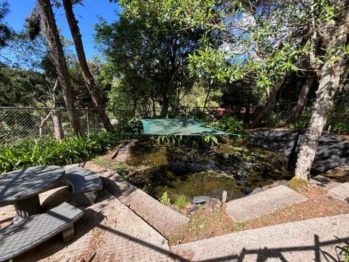 una mesa de picnic y un estanque en un patio en Koi's House - Quebradillas de Dota, en Santa María