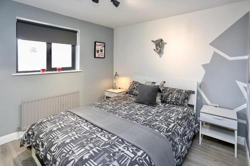 1 dormitorio con cama y ventana en Neat City Apartment - Secure Parking - WiFi - Sleeps 4 - No Parties, en Belfast