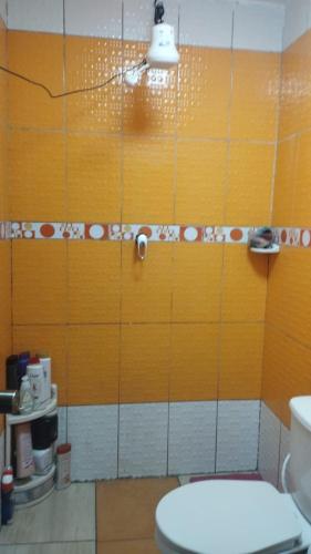 La salle de bains est pourvue de toilettes et d'un mur jaune. dans l'établissement Habitación Oruro Carnaval 2024, à Oruro