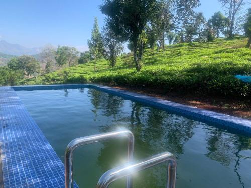 a swimming pool with a metal hand rail next to a hill at Aryans Keeth house farm stay in Idukki