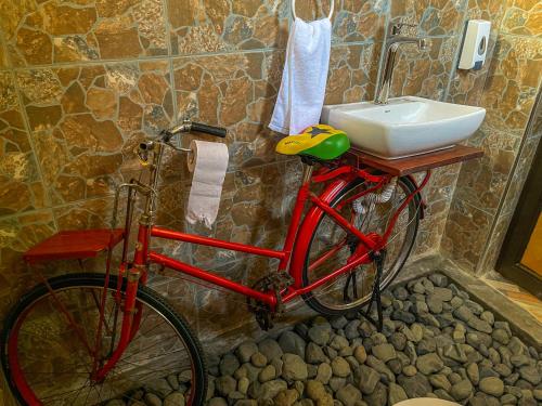 a red bike parked in a bathroom with a sink at Home Villa Arusha in Arusha