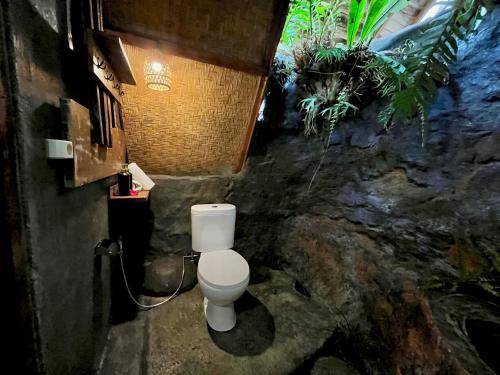 ein Bad mit einem WC in einer Steinwand in der Unterkunft Royal Kemala Villa - Jungle View with Private Pool in Tampaksiring