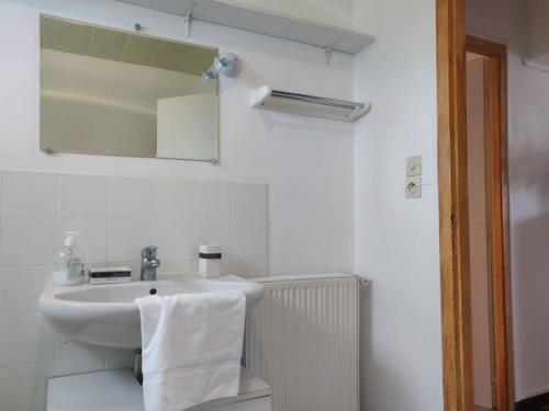 a white bathroom with a sink and a mirror at Le clos Fleuri in Lescar