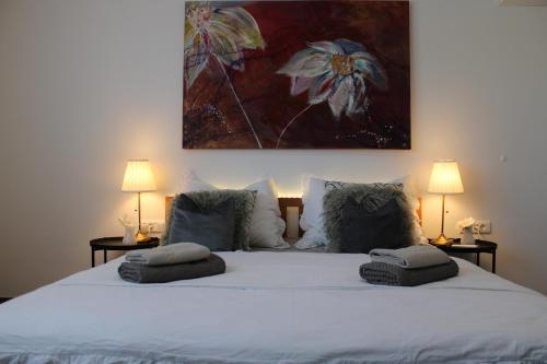een bed met twee kussens en een schilderij aan de muur bij Villa SEVEN in Vir