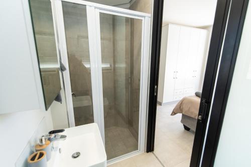 a bathroom with a shower and a white sink at First Class Apartment At Bella in Summerstrand