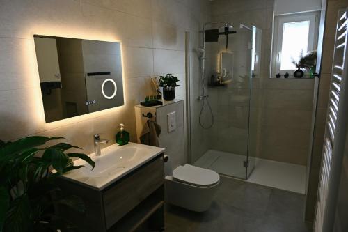 a bathroom with a sink and a shower and a toilet at ADRIANIK Apartment in Zagreb