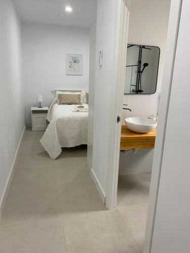 a bedroom with a bed and a sink and a mirror at Alojamiento Baeza California 4B in Baeza