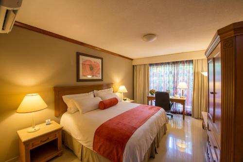 a bedroom with a large bed and a large window at Hotel Globales Camino Real Managua in Managua