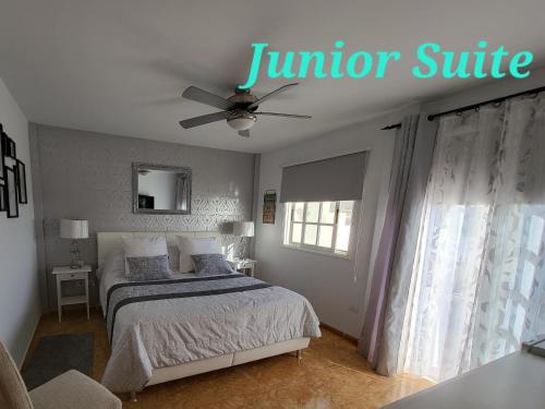 a bedroom with a bed and a ceiling fan at Casa Mariposa Guesthouse in Playa de San Juan
