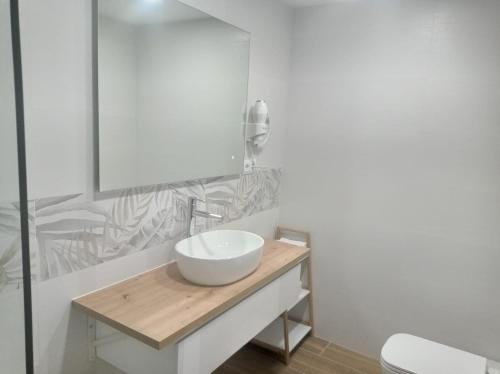 y baño con lavabo blanco y espejo. en Hostal Fronton, en Alcobendas