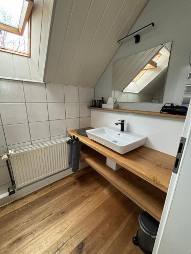 La salle de bains est pourvue d'un lavabo et d'un miroir. dans l'établissement Ferienwohnungen Brenner einchecken und wohlfühlen, à Langenbernsdorf