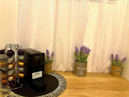 a coffee maker sitting on a table next to some flowers at Evelyn Apartment in Bistriţa