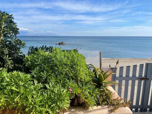 a beach with a fence and some plants and the ocean at ARETOUSA in Agia Pelagia Kythira