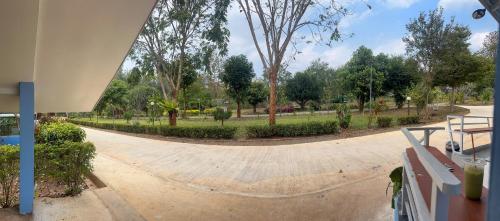 a walkway in a park with trees and bushes at Nakra Hill Mae on in Ban On Luai