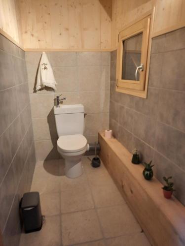 łazienka z toaletą, oknem i wanną w obiekcie Chalet la corne du chamois w mieście Sixt