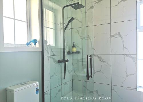a shower with a glass door in a bathroom at Kahurangi Cottage Twizel in Twizel