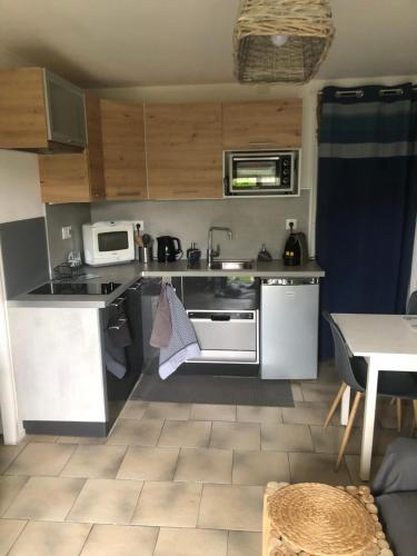 eine kleine Küche mit einem Herd und einer Mikrowelle in der Unterkunft Le Clapotis des Flots in Villers-sur-Mer