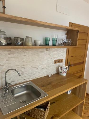 a kitchen counter with a sink and wooden cabinets at Motel MonTexas 