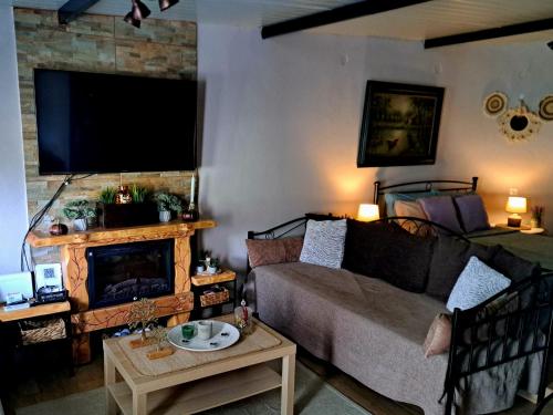 a living room with a couch and a fireplace at Zoe garden home in Spáta