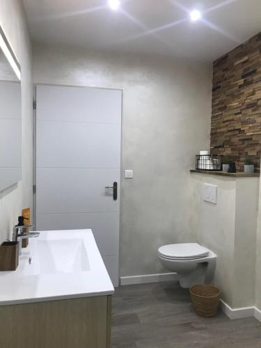 MoyeにあるGîte de La Bauleの白いトイレと洗面台のあるバスルーム