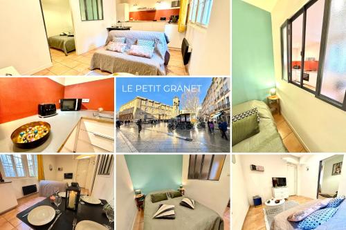 eine Collage mit Bildern eines Hotelzimmers in der Unterkunft Le Petit Granet - HYPER CENTRE ANCIEN - Appartement confort in Aix-en-Provence