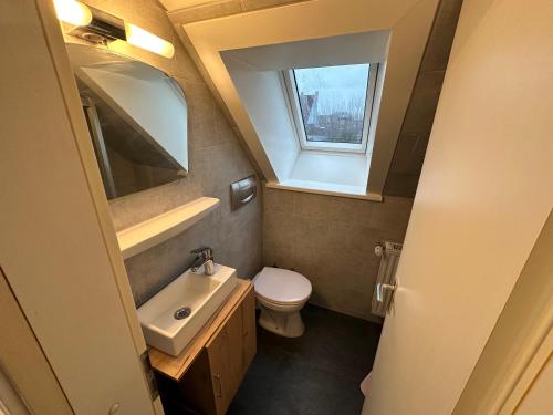 uma casa de banho com um WC, um lavatório e uma janela em Haus Seefalke - 250 m zum Meer em Cuxhaven