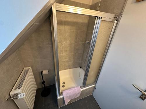a shower with a glass door in a bathroom at Haus Seefalke - 250 m zum Meer in Cuxhaven