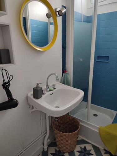 une salle de bain avec un lavabo, un miroir et une douche dans l'établissement L'Estaca Maison de pêcheur avec jardin bord de mer, à Étretat